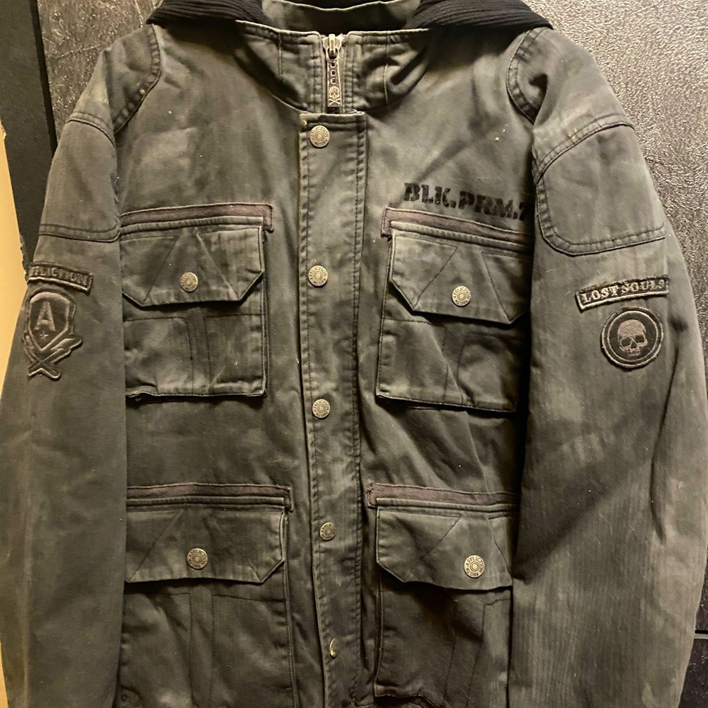 Men’s blk. Affliction bomber style jacket, sz. 2X.